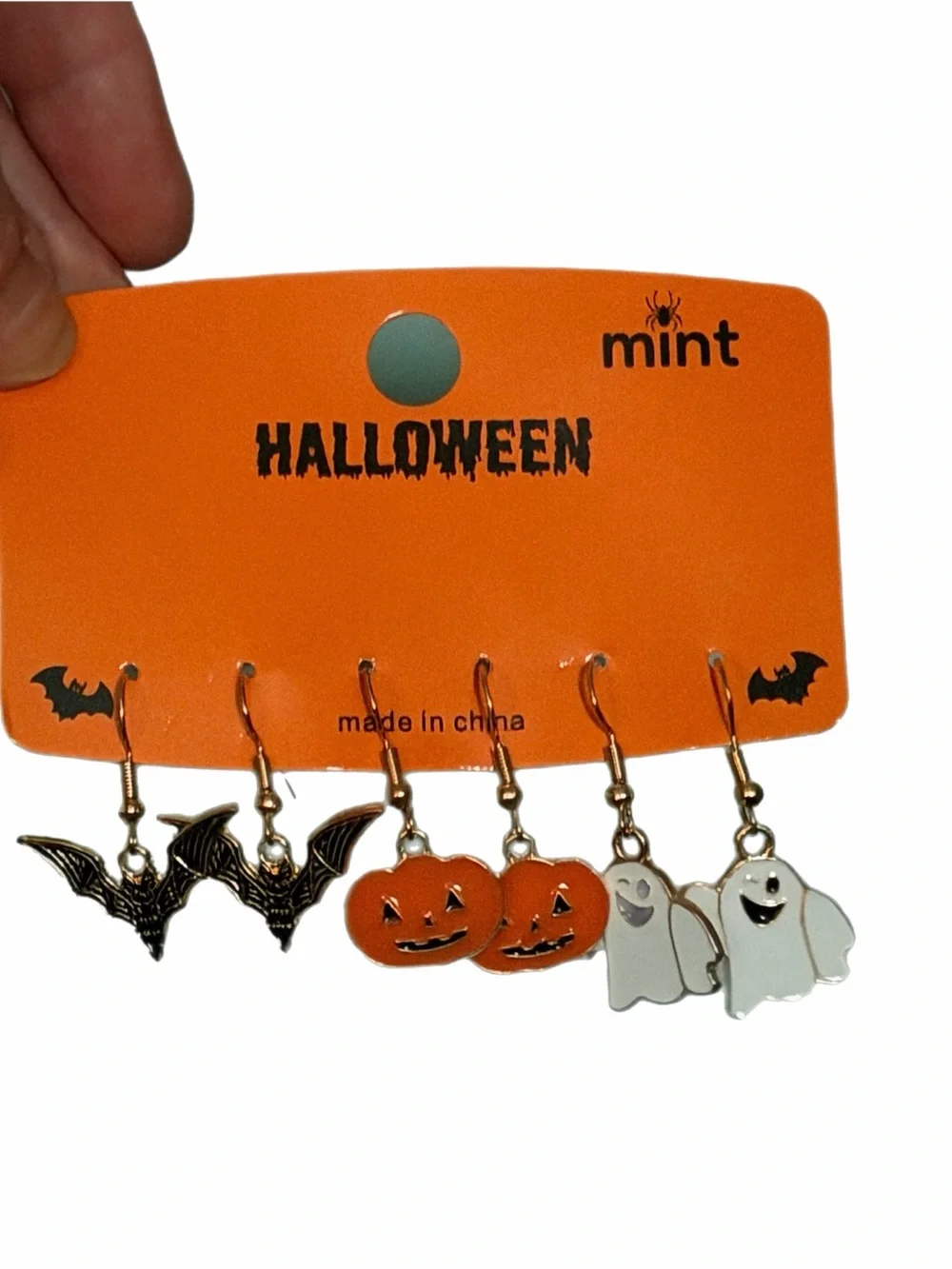 Mint Halloween Kids Orange Pumpkin Bat & Ghost Earring Set